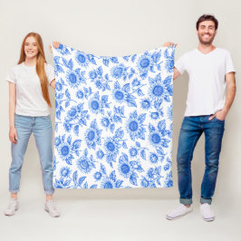 Elegant Toile du Jouy Sunflowers – Blue Botanical  フリースブランケット
