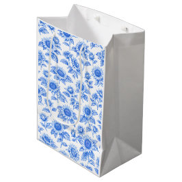 Elegant Toile du Jouy Sunflowers – Blue Botanical  ミディアムペーパーバッグ