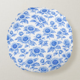 Elegant Toile du Jouy Sunflowers – Blue Botanical  ラウンドクッション