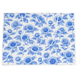 Elegant Toile du Jouy Sunflowers – Blue Botanical  ラージペーパーバッグ