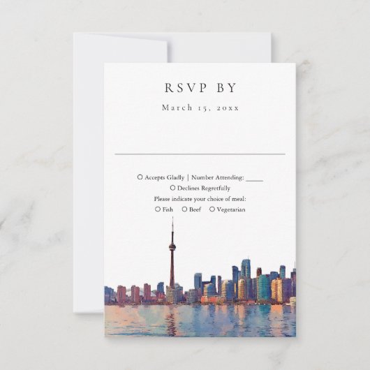 Elegant Toronto Skyline Watercolor Wedding 出欠カード (正面)