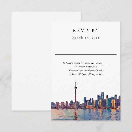 Elegant Toronto Skyline Watercolor Wedding 出欠カード (正面/裏面)