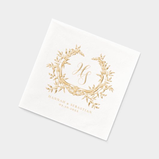 Elegant Traditional Classic Monogram Crest Wedding 箔ナプキン (左)