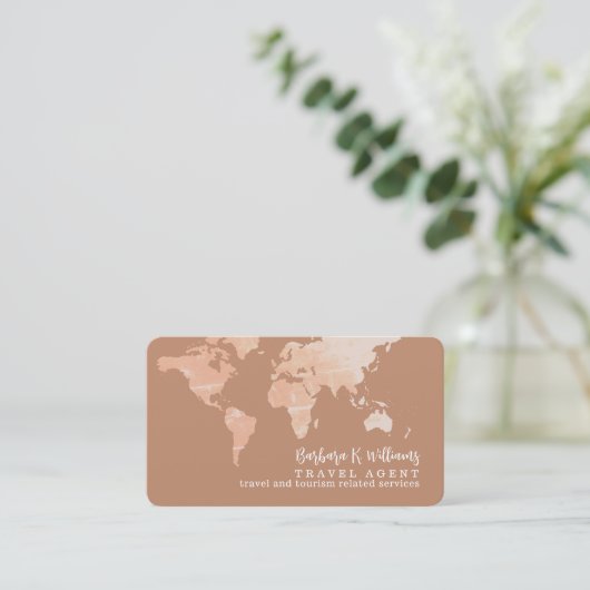 Elegant Travel Agent world map terracotta brown 名刺 (スタンド正面)