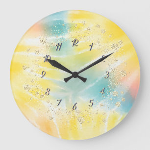 Elegant Trendy Confetti Yellow Tie Dye ラージ壁時計