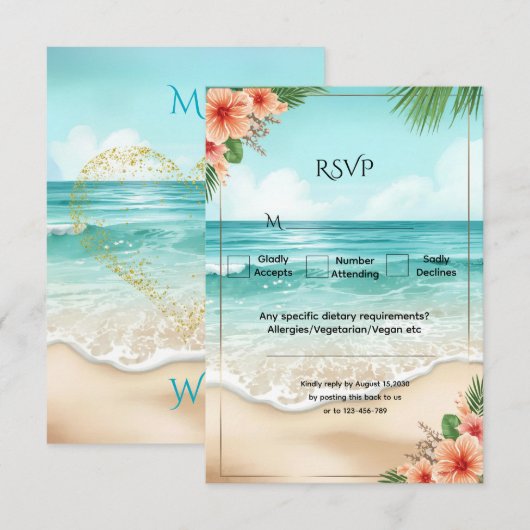 Elegant Tropical Coastal Hawaiian Beach Wedding 出欠カード (正面/裏面)