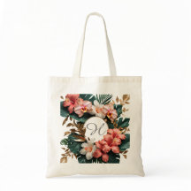 Elegant Tropical Floral Monogram Canvas Tote Bag