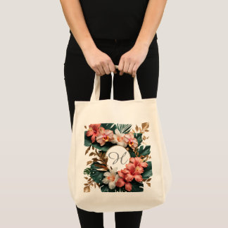 Elegant Tropical Floral Monogram Grocery Shopping  トートバッグ