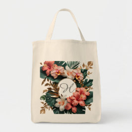 Elegant Tropical Floral Monogram Grocery Shopping  トートバッグ