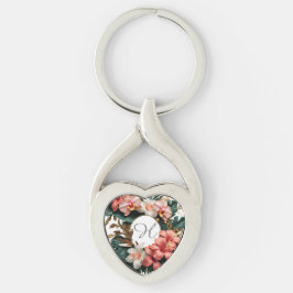Elegant Tropical Floral Monogram Heart Keychain キーホルダー