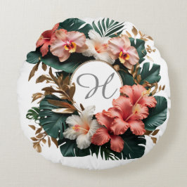 Elegant Tropical Floral Monogram Round Pillow ラウンドクッション