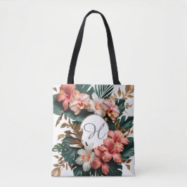 Elegant Tropical Floral Monogram Tote Bag トートバッグ