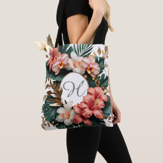 Elegant Tropical Floral Monogram Tote Bag トートバッグ