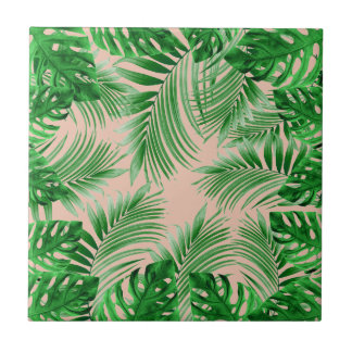 Elegant Tropical green palm leaves pattern pink ba タイル