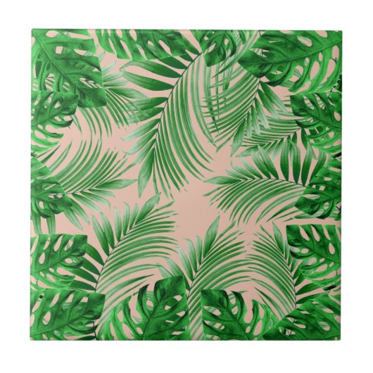 Elegant Tropical green palm leaves pattern pink ba タイル (正面)
