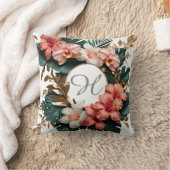 Elegant Tropical Hibiscus Gold Monogram Pillow クッション (ブランケット)
