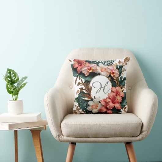 Elegant Tropical Hibiscus Gold Monogram Pillow クッション (椅子)