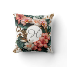 Elegant Tropical Hibiscus Gold Monogram Pillow