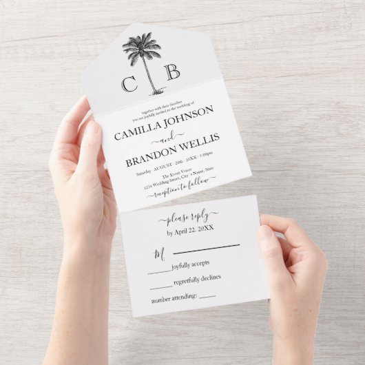 Elegant Tropical Palm Monograms Wedding オールインワン招待状 (貼ってはがせる)
