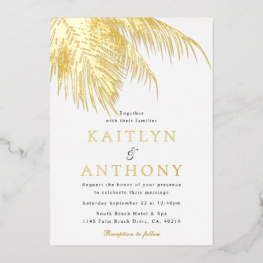 Elegant Tropical Palm Tree Beach Wedding 箔招待状 (正面)