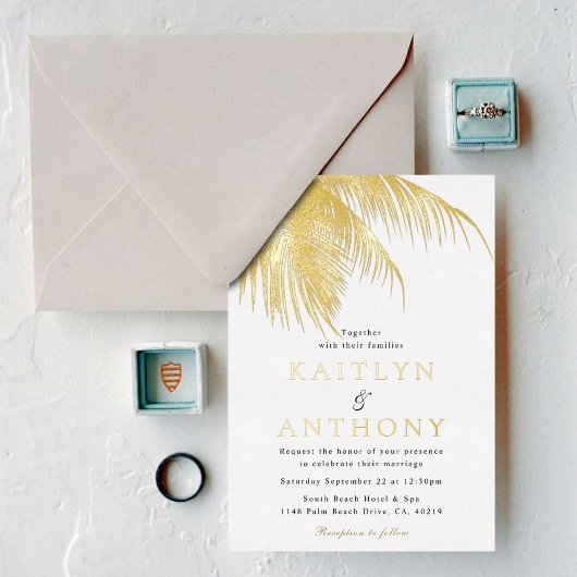 Elegant Tropical Palm Tree Beach Wedding 箔招待状