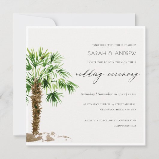 Elegant Tropical Palm Watercolor Wedding Invite サンキューカード (正面)