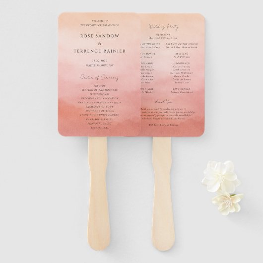 Elegant Tropical Sunset Watercolor Wedding Program ハンドファン (正面&裏面)