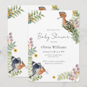 Elegant Tropical Wildflower Birds Baby Shower 招待状 (正面/裏面)