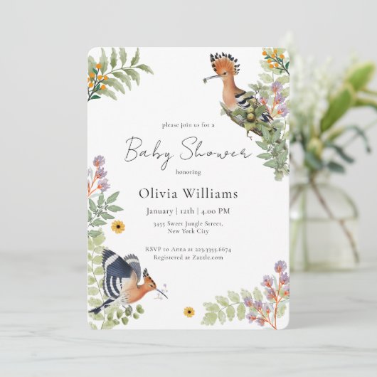Elegant Tropical Wildflower Birds Baby Shower 招待状 (スタンド正面)