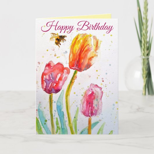 Elegant Tulip and Bee Watercolour Birthday Card カード (正面)