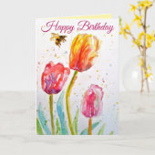 Elegant Tulip and Bee Watercolour Birthday Card カード (黄色い花)