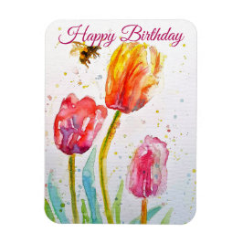 Elegant Tulip and Bee Watercolour Birthday Card マグネット