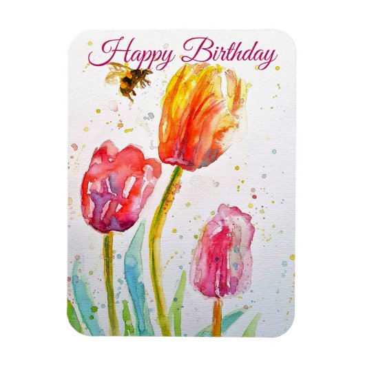 Elegant Tulip and Bee Watercolour Birthday Card マグネット (縦)