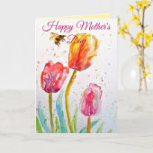 Elegant Tulip and Bee Watercolour Mothers Day Card カード (黄色い花)