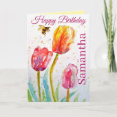 Elegant Tulip and Bee Watercolour Womans Name カード (正面)