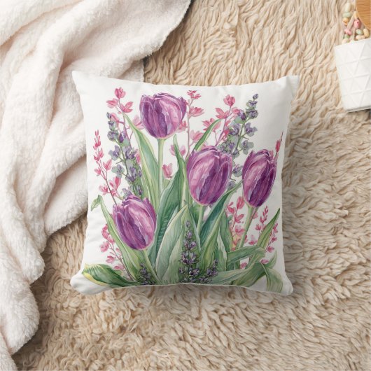 Elegant Tulip Flowers Pattern,Purple Stripes クッション (ブランケット)