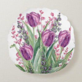 Elegant Tulip Flowers Pattern,Purple Stripes ラウンドクッション