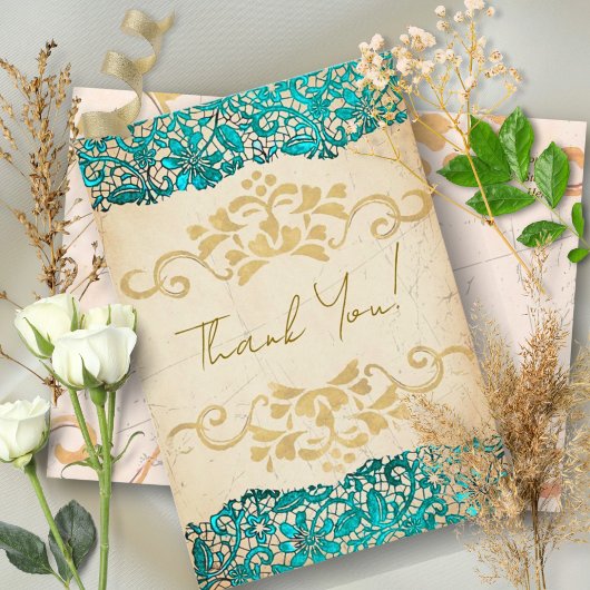 Elegant Turquoise and Gold Vintage Style Wedding サンキューカード