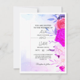Elegant Turquoise Blue Floral Watercolor Wedding  出欠カード
