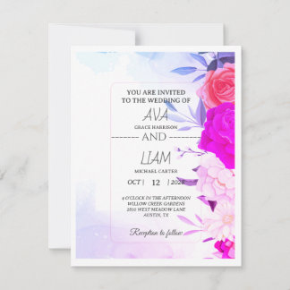 Elegant Turquoise Blue Floral Watercolor Wedding  出欠カード