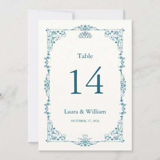 Elegant Turquoise Floral Table Number 招待状 (正面)