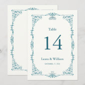 Elegant Turquoise Floral Table Number 招待状 (正面/裏面)