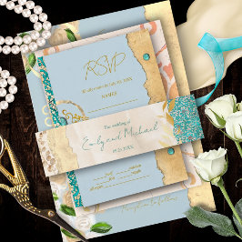 Elegant Turquoise Gold Floral Lace Wedding         招待状ベリーバンド