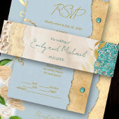Elegant Turquoise Gold Floral Lace Wedding         招待状ベリーバンド