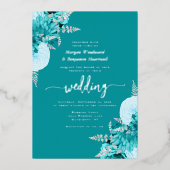 Elegant Turquoise Silver Floral Wedding 箔招待状 (正面)