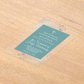 Elegant Turquoise Teal & Silver Catholic Wedding アクリル招待状 (レイダウン)