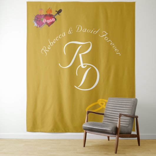 Elegant Two Hearts Catholic Monogrammed Wedding タペストリー (インサイチュ)