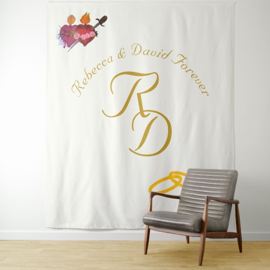 Elegant Two Hearts Catholic Monogrammed Wedding タペストリー (インサイチュ)
