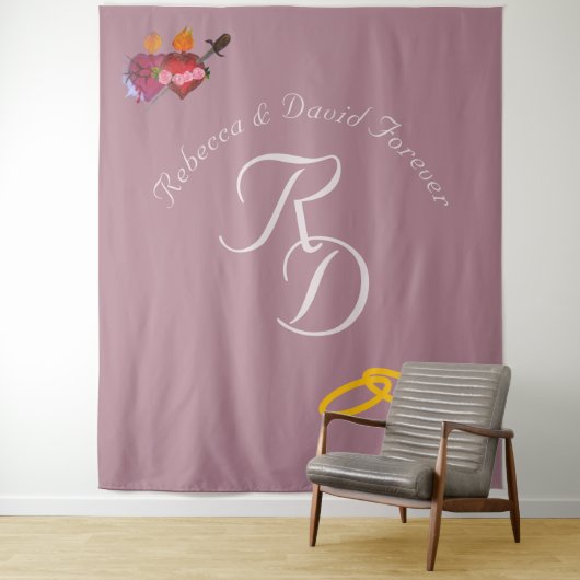 Elegant Two Hearts Catholic Monogrammed Wedding タペストリー (インサイチュ)