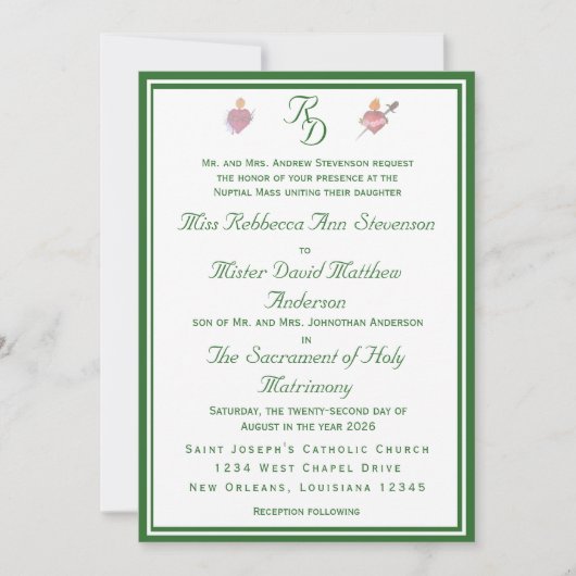 Elegant Two Hearts Catholic Wedding Invitation 招待状 (正面)